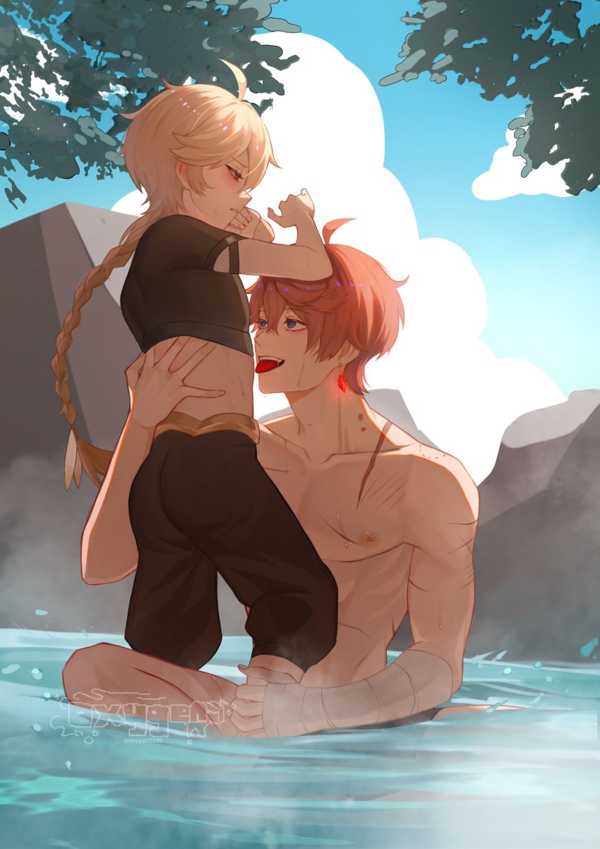 2boys aether_(genshin_impact) ahoge blonde_hair blue_eyes braid crop_top earrings genshin_impact hair_between_eyes highres jewelry long_hair male_focus multiple_boys muscular muscular_male nipples open_mouth orange_hair oxygen_(0220) pants scar stone tartaglia_(genshin_impact) tongue tongue_out twitter_username water