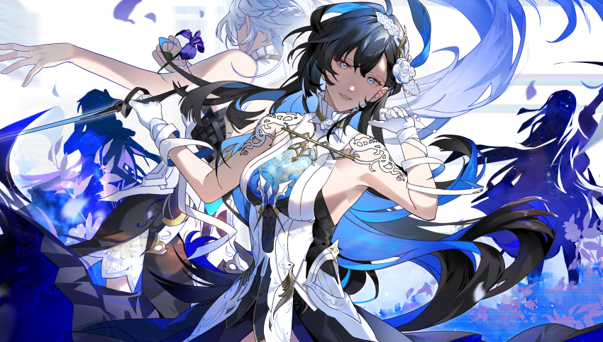 absurdres black_hair blue_eyes blue_hair breasts cino_(cappuccino) flower gears hair_ornament highres long_hair looking_at_viewer medium_breasts multicolored_hair punishing:_gray_raven purple_flower selena:_pianissimo_(pgr) selena_(pgr) sideboob silhouette smile teeth two-tone_hair very_long_hair white_background white_hair
