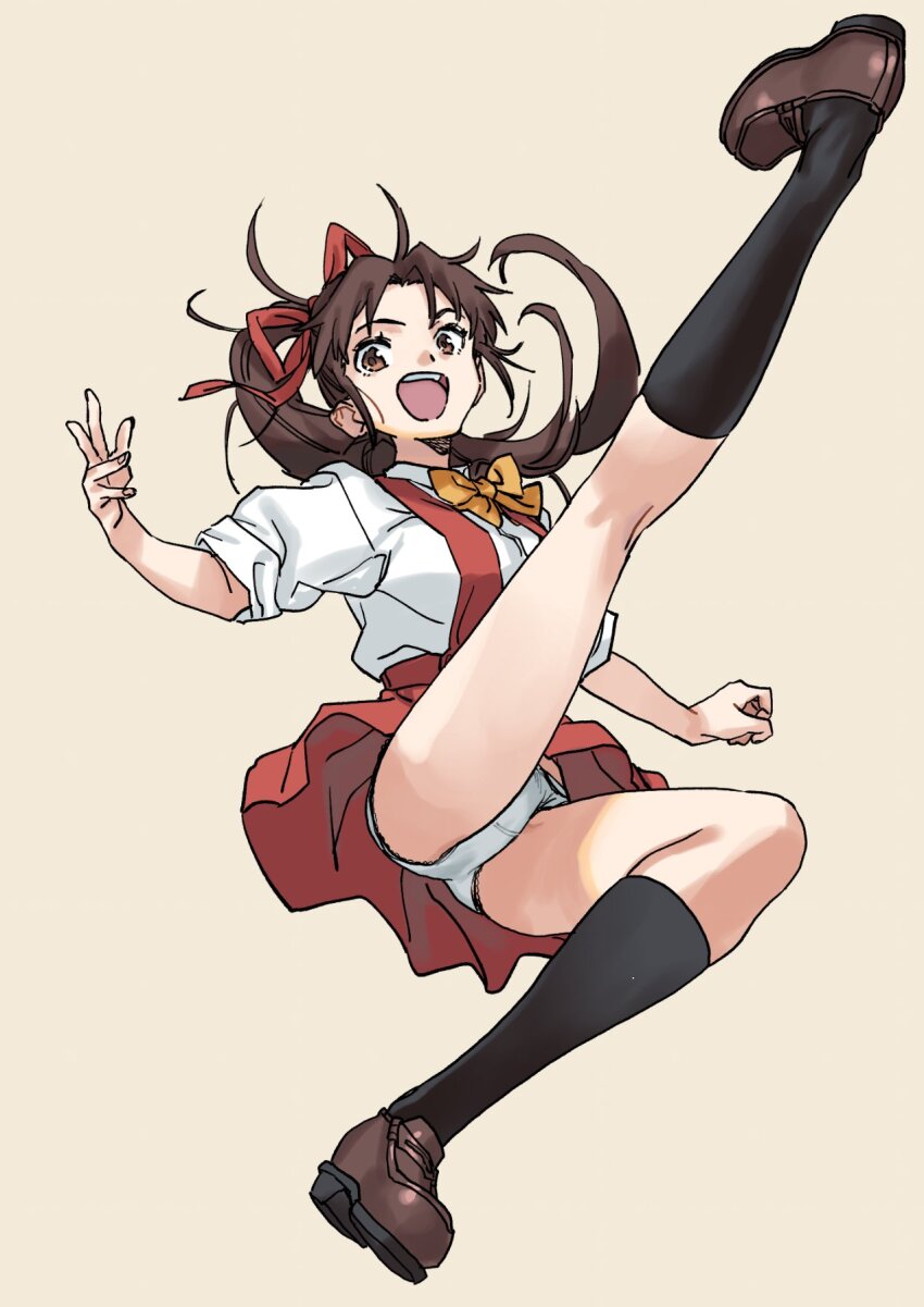 1girl :d black_socks bow brown_background brown_bow brown_eyes brown_hair brown_shoes collared_shirt commentary_request commission full_body hair_ribbon highres kanose_tomoe loafers looking_at_viewer open_mouth panties pleated_skirt ponytail puffy_short_sleeves puffy_sleeves red_ribbon red_skirt ribbon sameda_koban shin_mikagura_shoujo_tanteidan shirt shoes short_sleeves simple_background skirt smile socks solo suspender_skirt suspenders underwear white_panties white_shirt