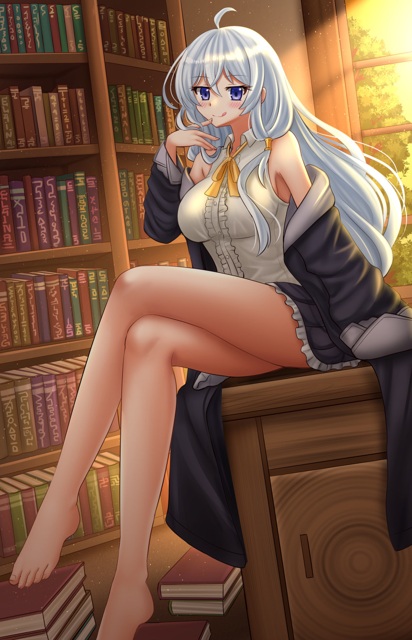 1girl ahoge arm_support bare_legs barefoot black_robe black_skirt blush book book_stack bookshelf bow breasts center_frills commentary crossed_legs elaina_(majo_no_tabitabi) english_commentary frilled_skirt frills grey_hair hair_between_eyes hand_up highres indoors kazenokaze long_hair long_legs long_sleeves majo_no_tabitabi medium_breasts off_shoulder open_clothes open_robe purple_eyes robe shirt sitting skirt sleeveless sleeveless_shirt solo sunlight sunset very_long_hair white_shirt window yellow_bow