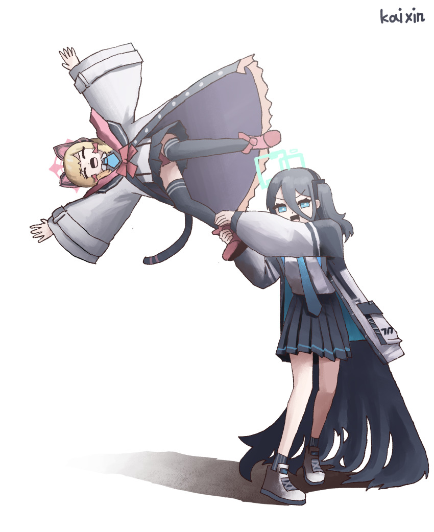 2girls :d ^_^ absurdly_long_hair absurdres animal_ear_headphones animal_ears aris_(blue_archive) black_hair black_skirt blonde_hair blue_archive blue_eyes blue_halo blue_necktie carrying carrying_person cat_ear_headphones closed_eyes coat collared_shirt commentary fake_animal_ears fake_tail hair_between_eyes hair_ribbon hairband halo headphones highres holding_another&#039;s_foot kai_xin long_hair long_sleeves looking_at_viewer momoi_(blue_archive) multiple_girls necktie open_clothes open_coat open_mouth outstretched_arms pleated_skirt red_halo red_shoes ribbon scared school_uniform shirt shoes short_hair sidelocks simple_background skirt smile sneakers spread_arms swinging_object tail tress_ribbon two_side_up v-shaped_eyebrows very_long_hair white_background white_shirt
