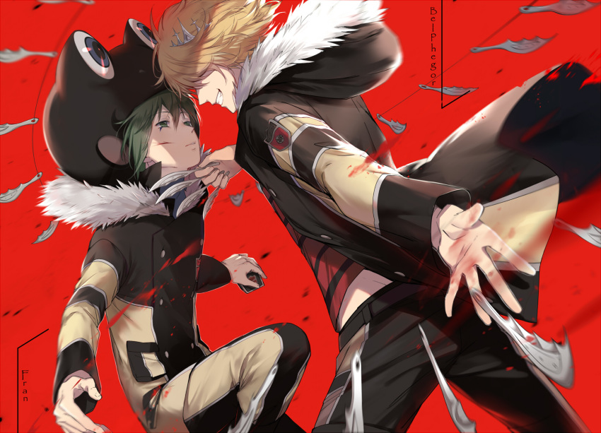 2boys belphegor_(reborn) blonde_hair closed_mouth commentary_request ekita_kuro fran_(reborn) hair_over_eyes highres katekyo_hitman_reborn! male_focus multiple_boys shirt smile striped_clothes striped_shirt tiara
