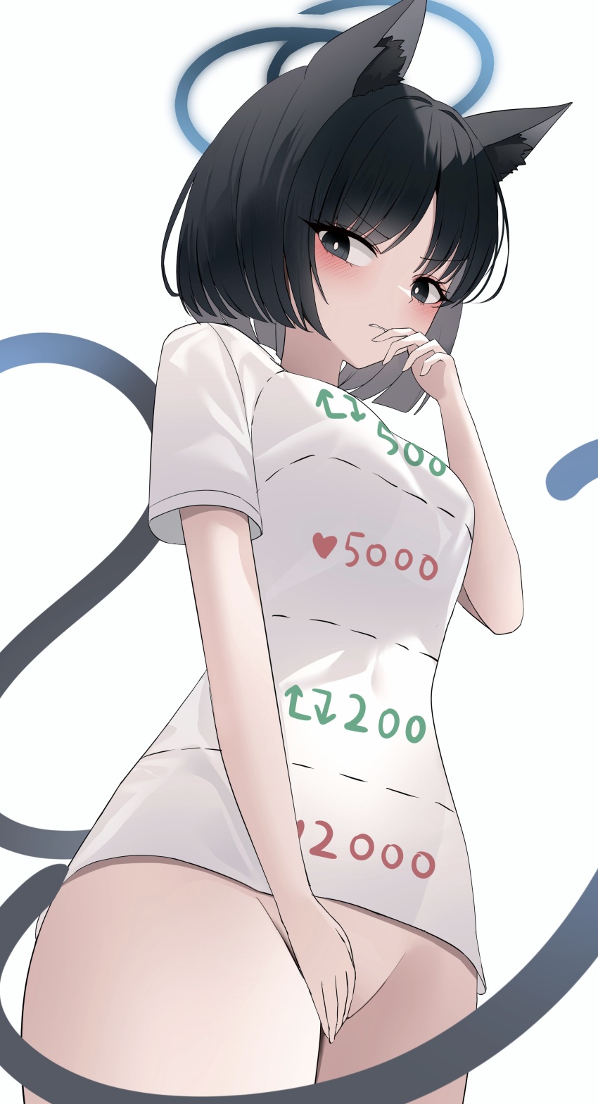 1girl absurdres alternate_costume animal_ear_fluff animal_ears black_eyes black_hair blue_archive blue_halo blush bottomless bright_pupils cat_ears cat_girl cat_tail clenched_teeth commentary covering_crotch covering_privates cowboy_shot embarrassed eyelashes eyes_visible_through_hair from_below groin hair_between_eyes halo hand_up heart highres kikyou_(blue_archive) looking_at_viewer looking_down lunar_(pixiv53683306) medium_hair multiple_tails no_panties shirt short_sleeves simple_background solo straight_hair t-shirt tail tail_raised teeth twitter_cutting_game two_tails v-shaped_eyebrows white_background white_pupils white_shirt