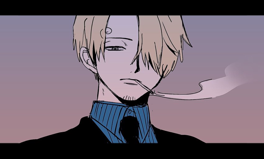 1boy blonde_hair cigarette curly_eyebrows facial_hair formal_clothes hair_over_one_eye highres male_focus mustache_stubble o01615 one_piece sanji_(one_piece) smoking solo stubble suit upper_body