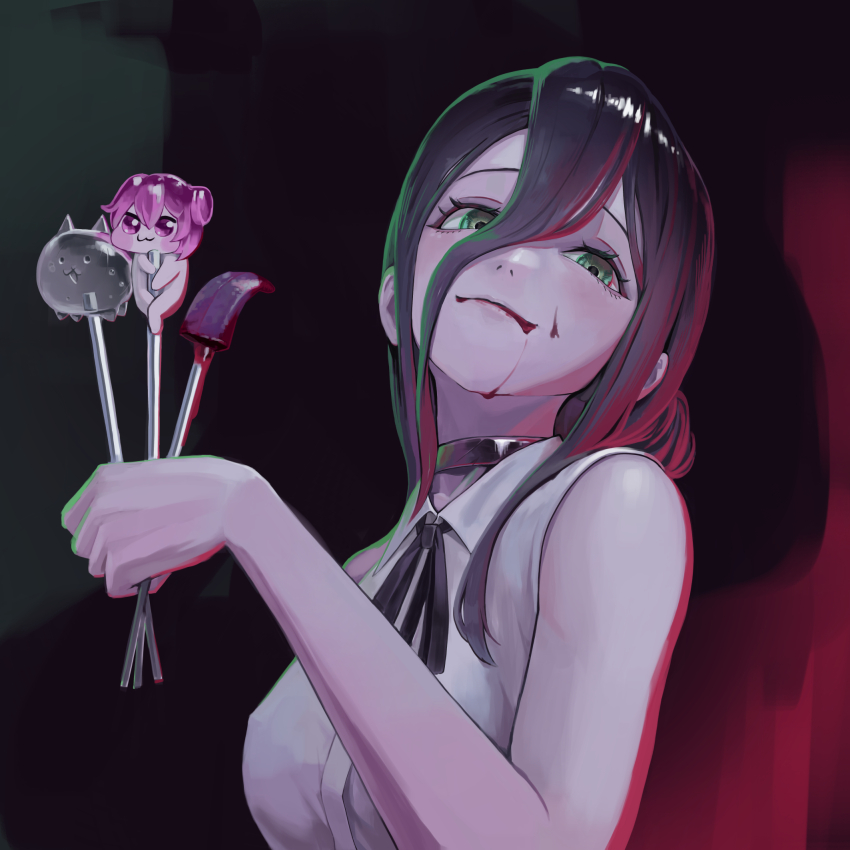 1girl 95hoody black_hair black_ribbon blood candy chainsaw_man closed_mouth doro_(nikke) food goddess_of_victory:_nikke green_eyes hair_between_eyes hair_bun highres holding holding_candy holding_food holding_lollipop lollipop long_hair_between_eyes neck_ribbon reze_(chainsaw_man) ribbon severed_tongue shirt sleeveless sleeveless_shirt solo white_shirt