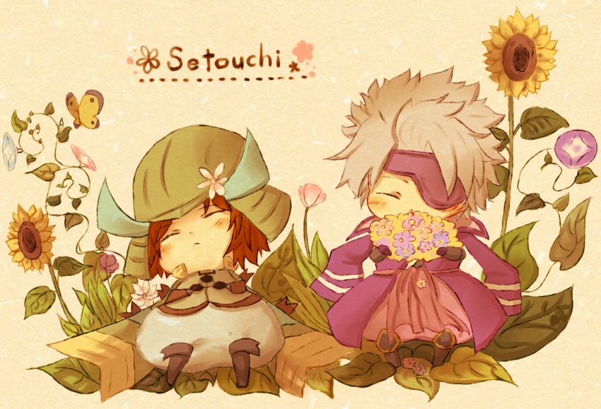 2boys :&lt; ^_^ armor blush brown_hair chibi chibi_only chousokabe_motochika_(sengoku_basara) closed_eyes covered_mouth eyepatch flower grey_hair helmet japanese_armor kabuto_(helmet) male_focus mouri_motonari_(sengoku_basara) muchiwo multiple_boys sengoku_basara short_hair sleeping sunflower yellow_background