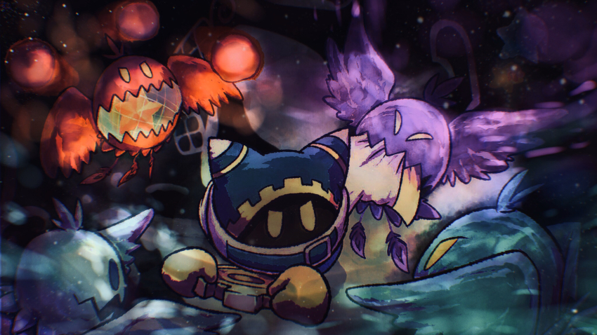 belt belt_buckle belt_collar blue_belt blue_hood buckle collar covered_mouth determined doomer_(kirby) ear_covers gear_print gears gloves highres holding kirby&#039;s_return_to_dream_land kirby_(series) light_particles magolor nintendo no_humans rayman_limbs scarf solid_oval_eyes space sphere_doomer star_(symbol) suyasuyabi tearing_clothes torn_clothes v-shaped_eyebrows white_scarf yellow_eyes yellow_gloves