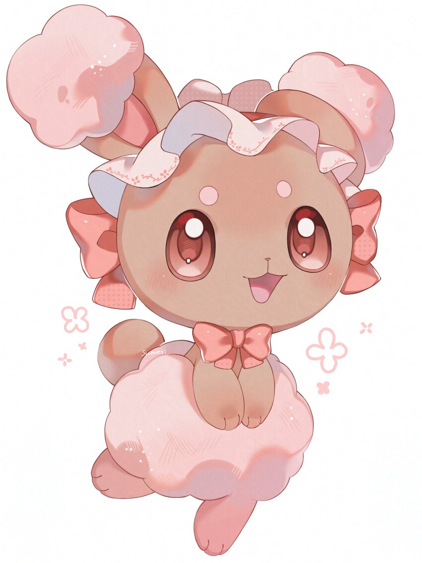 alternate_color blush bow brown_fur buneary commentary creatures_(company) full_body game_freak gen_4_pokemon highres iwasi_29 looking_at_viewer nintendo no_humans open_mouth pink_fur pokemon pokemon_(creature) red_bow red_eyes shiny_pokemon simple_background standing standing_on_one_leg symbol-only_commentary twitter_username white_background