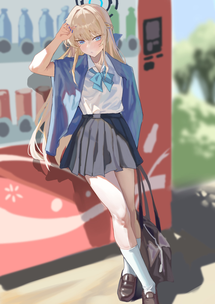 1girl absurdres bag black_bag black_skirt blonde_hair blue_archive blue_bow blue_jacket blue_nails blush bow brown_shoes hair_between_eyes highres holding holding_bag jacket liuli_xiao long_hair official_alternate_costume official_alternate_hairstyle parted_lips shirt shoes sidelocks skirt socks solo toki_(blue_archive) toki_(school_uniform)_(blue_archive) white_shirt white_socks