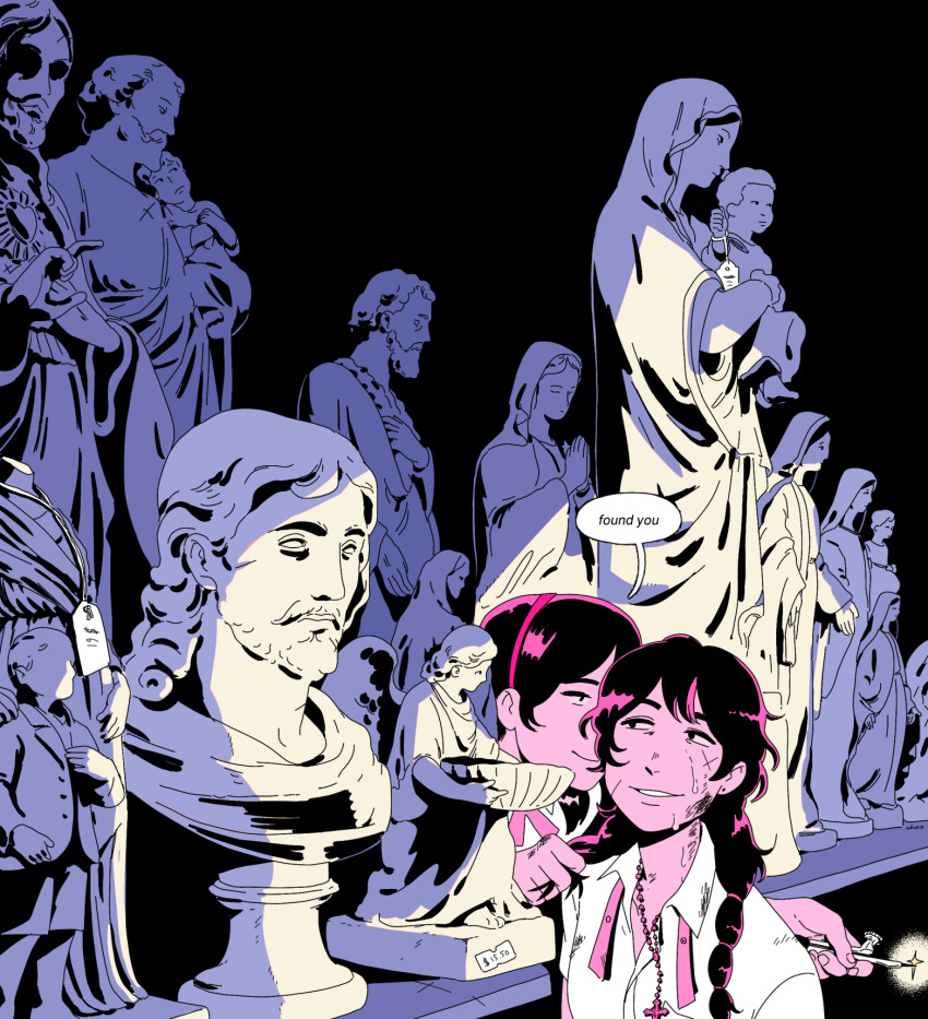 2girls art_gallery black_background black_eyes black_hair blue_background braid bust_(sculpture) catholic choo christianity closed_mouth collared_shirt colored_skin commentary cross cross_necklace dark english_text eye_contact grabbing_another&#039;s_hair hairband highres holding jewelry latin_commentary long_sleeves looking_at_another multiple_girls necklace necktie open_mouth original pink_hairband pink_necktie pink_skin portrait price_tag rosary scar scar_on_face school_uniform shirt simple_background smile sparkle speech_bubble statue sweatdrop triadic_colors twin_braids undone_necktie white_shirt wide_shot yellow_light yuri