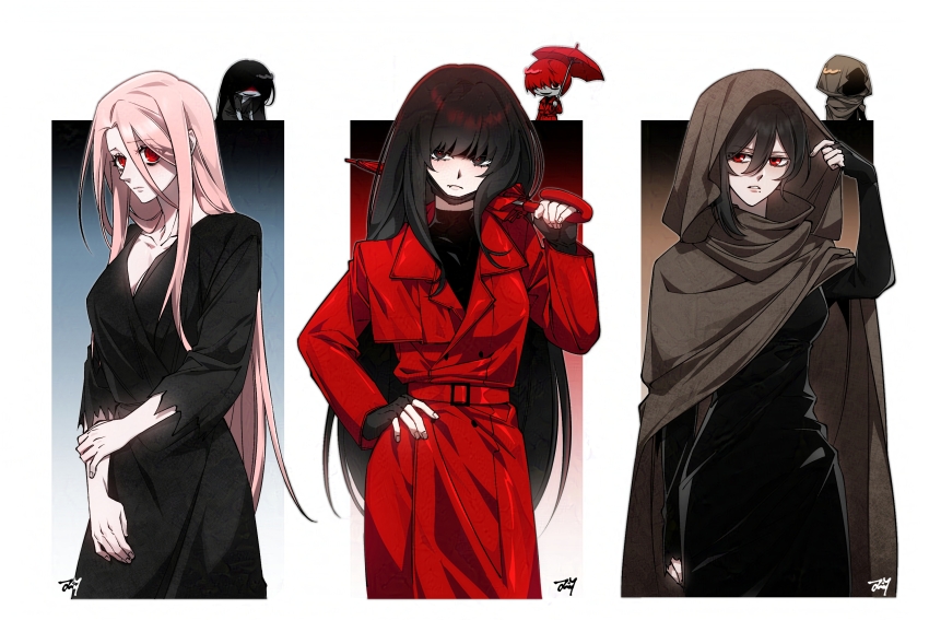 bbabbamis2 black_dress black_eyes black_hair black_kimono borrowed_character brown_cloak brown_hair cloak commentary_request cosplay cowboy_shot dress hand_on_own_hip heroine_(homicipher) highres holding holding_umbrella homicipher japanese_clothes kimono korean_commentary long_hair looking_at_viewer mr._crawling mr._hood mr._scarletella pink_hair red_eyes red_umbrella ringed_eyes standing umbrella very_long_hair