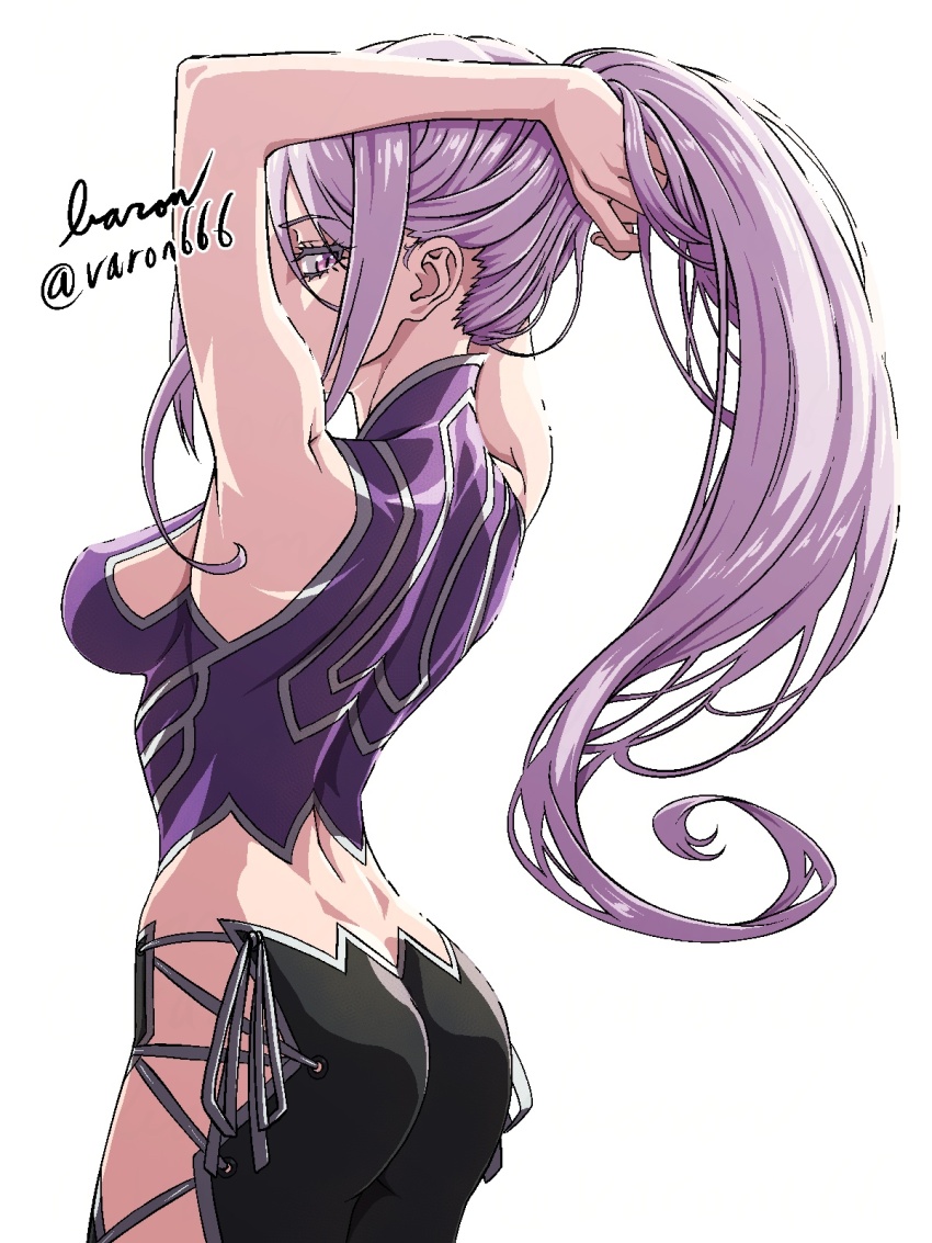 1girl ass baron_(varon666) breasts butt_crack fuuto_tantei highres kamen_rider large_breasts long_hair midriff purple_eyes purple_hair solo tokime_(fuuto_tantei) varon