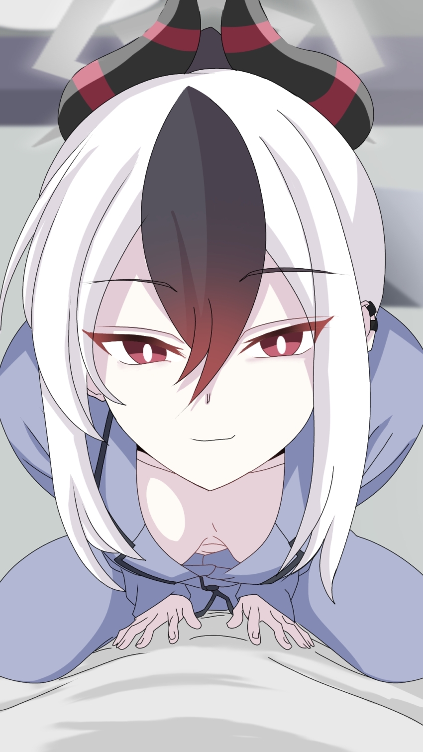 1girl alternate_costume bed bent_over black_hair black_horns blue_archive breasts breasts_apart close-up closed_mouth commentary demon_horns downblouse earclip extended_downblouse good_morning_my_brother_(meme) gradient_hair grey_halo grey_pajamas grey_pants grey_shirt hair_between_eyes halo highres horns indoors kayoko_(blue_archive) leaning_forward light_smile long_sleeves looking_at_viewer medium_breasts meme multicolored_hair multicolored_horns no_bra on_bed pajamas pants red_eyes red_hair scene_reference shi_draco shirt sidelocks solo straddling tokidoki_bosotto_roshia-go_de_dereru_tonari_no_alya-san white_hair