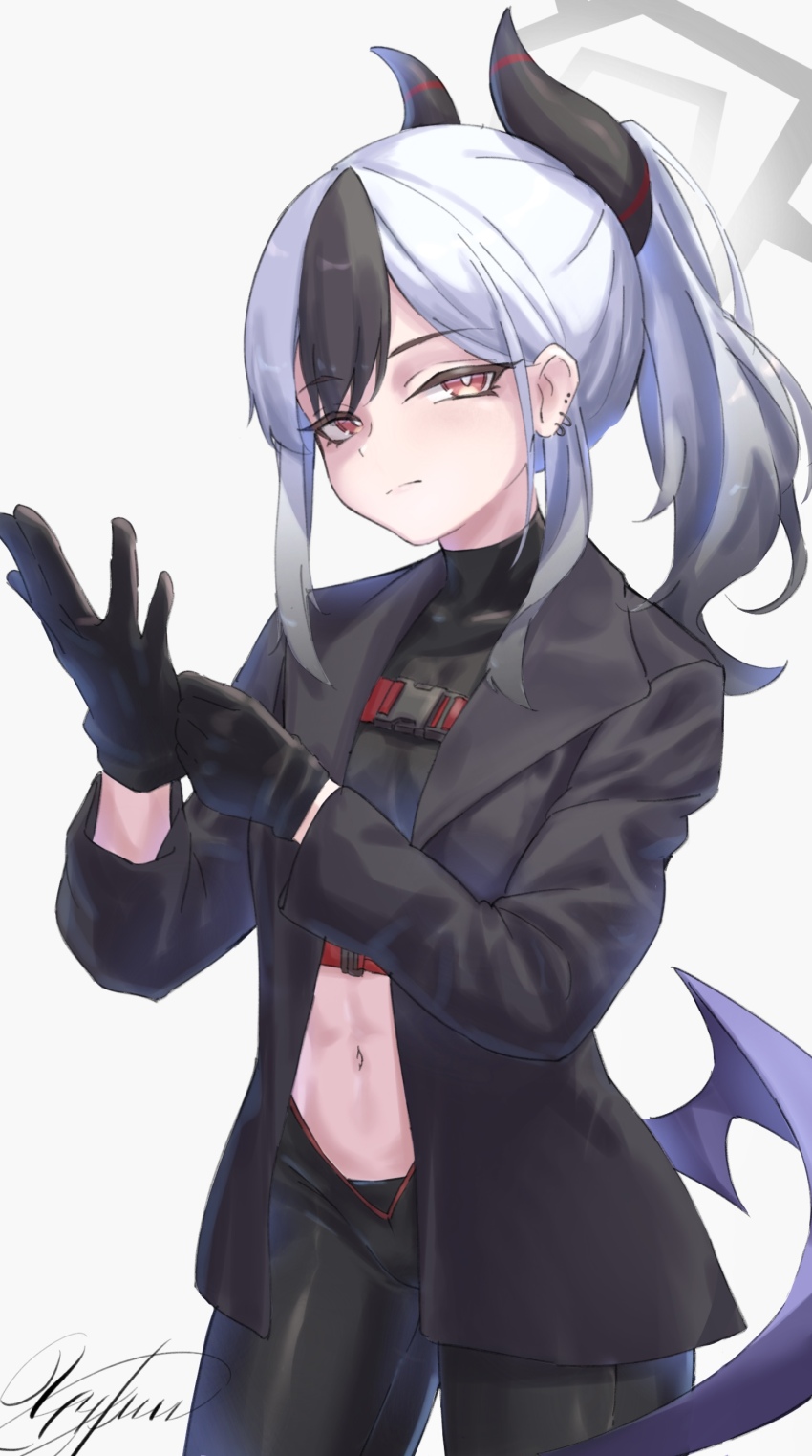 1girl absurdres alternate_costume belly black_gloves black_jacket black_panties black_pants black_shirt blue_archive closed_mouth crop_top demon_girl demon_horns demon_wings ear_piercing earrings gloves hair_between_eyes highres horns jacket jewelry kayoko_(blue_archive) long_hair looking_at_viewer multicolored_hair navel panties pants piercing ponytail putting_on_gloves red_eyes shirt sidelocks underwear wings yyfuu