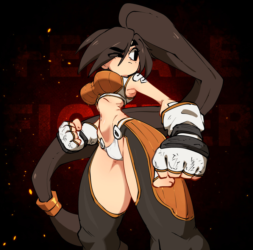 1girl 2025 armpits bare_shoulders black_pants brass_knuckles breasts brown_hair chaps character_name clenched_hands closed_mouth commentary contrapposto crop_top dnf_duel dungeon_and_fighter english_commentary feet_out_of_frame female_fighter_(dungeon_and_fighter) female_focus female_striker_(dungeon_and_fighter) fingerless_gloves foreshortening gloves gradient_background groin hair_over_one_eye half-closed_eye highres jellot large_breasts legs_apart long_hair looking_to_the_side midriff navel orange_skirt orange_trim panties pants ponytail red_background revealing_clothes skirt solo standing taut_clothes thick_thighs thighs underwear very_long_hair weapon white_gloves white_panties white_trim