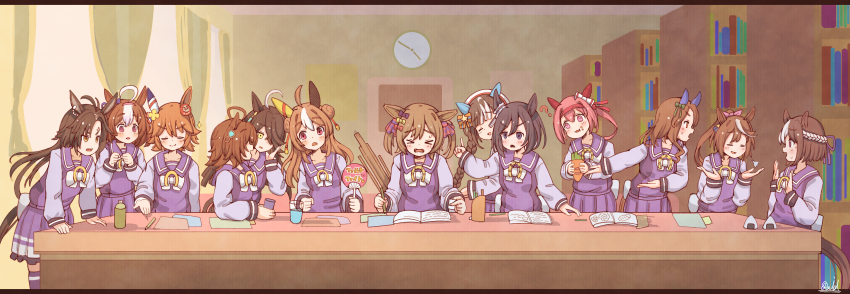 &gt;_&lt; 6+girls =_= ? absurdres agnes_tachyon_(umamusume) ahoge air_shakur_(umamusume) animal_ears beret black_hair braid closed_eyes closed_mouth commentary_request copano_rickey_(umamusume) eishin_flash_(umamusume) fine_art_parody food glass haru_urara_(umamusume) hat highres hokko_tarumae_(umamusume) horse_girl king_halo_(umamusume) long_hair looking_at_another manhattan_cafe_(umamusume) matikanefukukitaru_(umamusume) medium_hair multiple_girls notebook onigiri open_mouth parody ponytail rakugakiraid school_uniform simple_background smart_falcon_(umamusume) special_week_(umamusume) table the_last_supper thighhighs tokai_teio_(umamusume) tracen_school_uniform umamusume