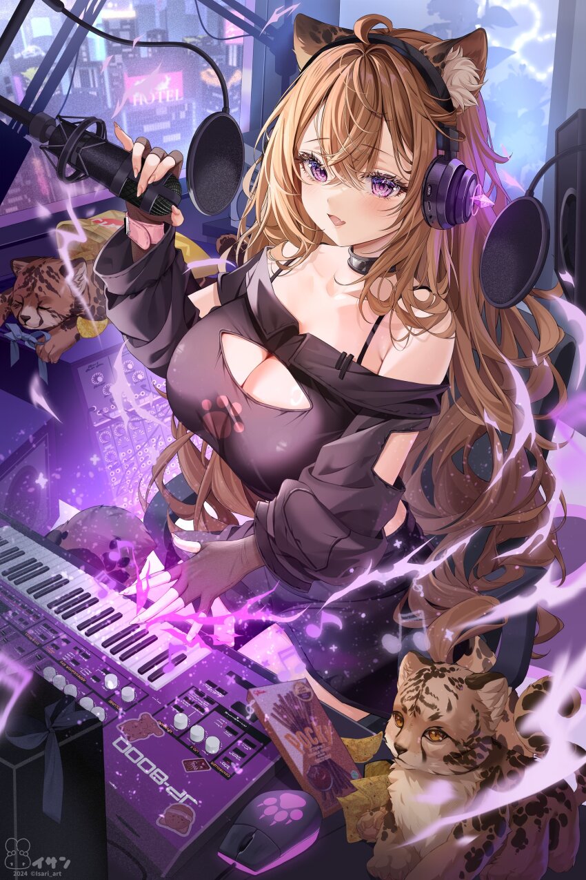 1girl absurdres ahoge animal animal_ear_fluff animal_ears black_choker black_shirt breasts brown_hair character_request choker cleavage cleavage_cutout clothing_cutout collarbone commission computer_mouse copyright_request crossed_bangs fang fingerless_gloves food gloves headphones heart heart_in_eye highres instrument isari_sensei keyboard_(instrument) large_breasts long_hair microphone musical_note off-shoulder_shirt off_shoulder open_mouth paw_print pocky purple_eyes shirt sitting skin_fang solo symbol_in_eye