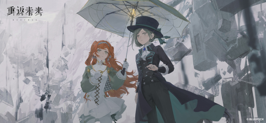 2girls ascot black_coat black_hat black_pants black_vest blue_bow boater_hat bow checkered_hairband coat collared_shirt copyright_name copyright_notice cowboy_shot dress equilibrium_umbrella gloves green_eyes grey_background grey_cloak grey_eyes grey_hair grey_sleeves hair_bun hairband hands_up hat hat_bow highres holding holding_umbrella light_bulb logo long_hair looking_up multiple_girls official_art official_wallpaper orange_hair pants pants_under_dress parted_lips reverse:1999 rubble shirt short_dress short_hair single_side_bun sonetto_(reverse:1999) two_side_up umbrella vertin_(reverse:1999) vest waistcoat white_ascot white_dress white_gloves white_pants white_shirt