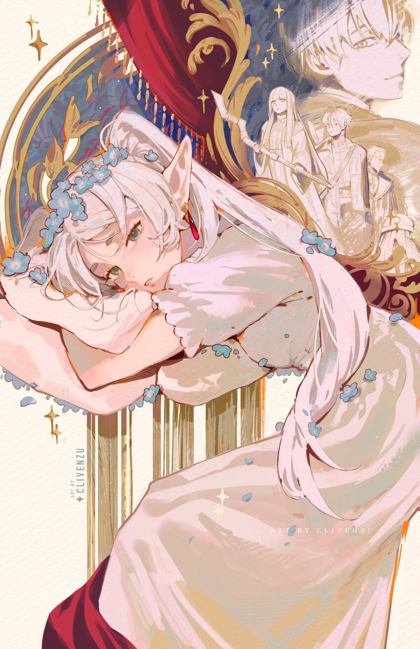 artist_name blue_flower clivenzu dress earrings eisen_(sousou_no_frieren) elf fern_(sousou_no_frieren) flower frieren green_eyes head_on_pillow heiter highres himmel_(sousou_no_frieren) jewelry long_hair looking_at_viewer nightgown parted_bangs parted_lips pillow pointy_ears sidelocks solo_focus sousou_no_frieren stark_(sousou_no_frieren) twintails white_dress white_hair white_nightgown