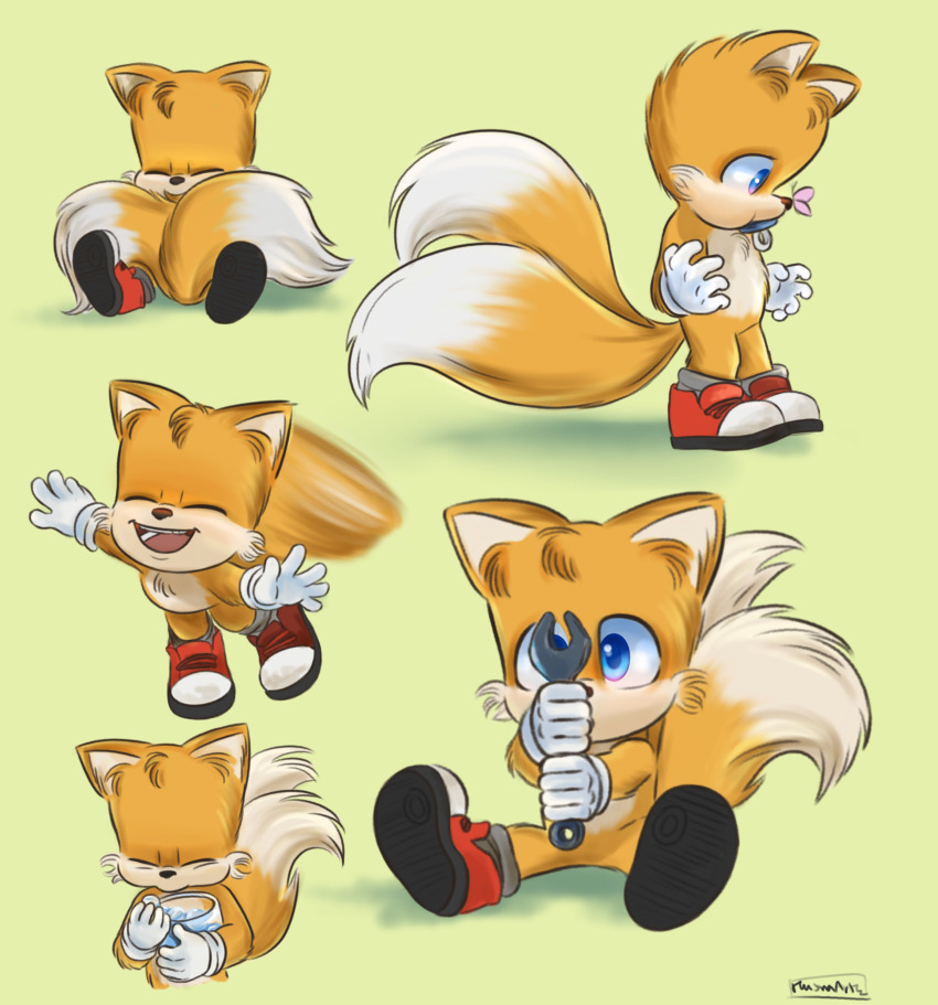 absurdres aged_down baby blonde_hair blue_eyes bug butterfly candy covering_privates eating flying food fox gloves highres husnaartz insect mint mint_chocolate multiple_tails pacifier paramount_pictures sega shoes smile sneakers socks sonic_(live_action) sonic_(series) sonic_the_hedgehog_(film) sonic_the_hedgehog_2_(film) sonic_the_hedgehog_3_(film) tail tails_(sonic) toddler two_tails wrench yellow_fur