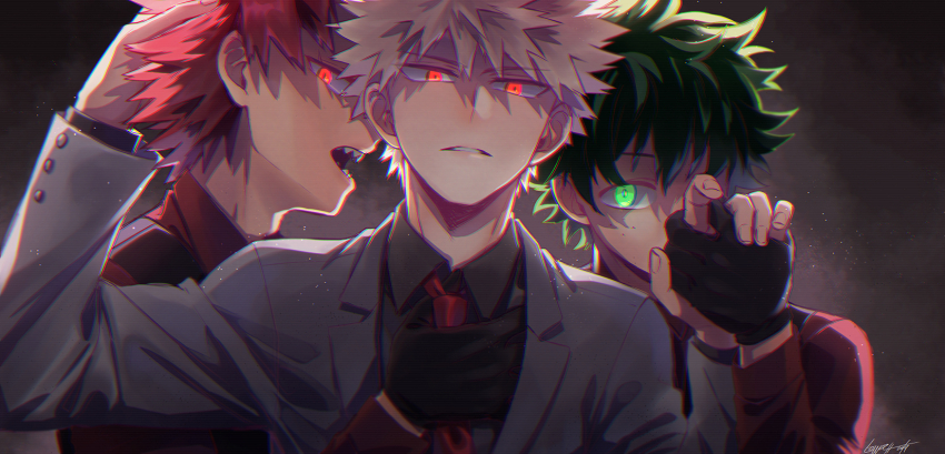 3boys alternate_costume bakugou_katsuki behind_another black_shirt black_vest blonde_hair blurry boku_no_hero_academia buttoned_cuffs buttons chromatic_aberration collared_shirt commentary covered_face creepy_eyes dark_persona depth_of_field eyes_visible_through_hair fog formal_clothes freckles gloves glowing glowing_eyes green_eyes green_hair green_pupils grey_jacket hand_in_another&#039;s_hair hand_on_another&#039;s_chest hand_under_clothes hand_up hands_up head_tilt highres holding_hands jacket kirishima_eijirou light_particles long_sleeves looking_at_viewer looking_to_the_side lowah male_focus midoriya_izuku multiple_boys narrowed_eyes necktie open_mouth parted_lips profile red_eyes red_hair red_necktie red_shirt scanlines scar scar_across_eye scar_on_face shaded_face shadow sharp_teeth shirt short_hair sideways_glance signature simple_background slit_pupils spiked_hair straight-on suit teeth upper_body vest waistcoat wing_collar
