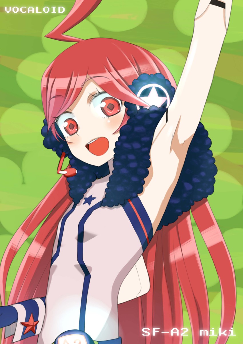1girl absurdres ahoge armpits belt boots dress female_focus gloves headphones headset highres joints long_hair red_eyes red_hair robot_joints sf-a2_miki smile solo star_(symbol) striped_clothes striped_gloves tank_(artist) vocaloid wrist_cuffs