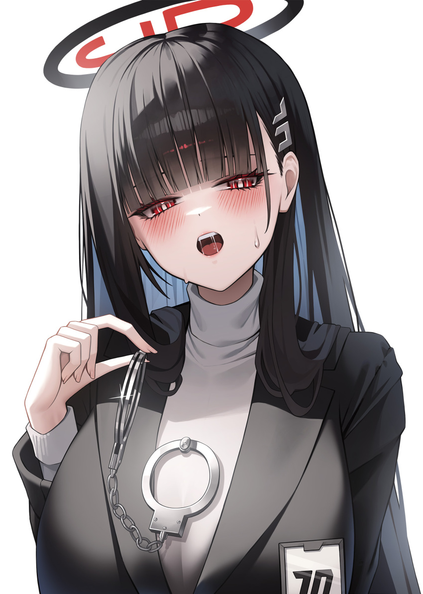 aspih_sp black_hair black_jacket blue_archive blunt_bangs blush cuffs hair_behind_ear hair_ornament hairclip handcuffs highres holding holding_handcuffs jacket long_hair looking_at_viewer open_mouth red_eyes rio_(blue_archive) saliva shirt sidelocks sweat turtleneck turtleneck_shirt upper_body white_shirt