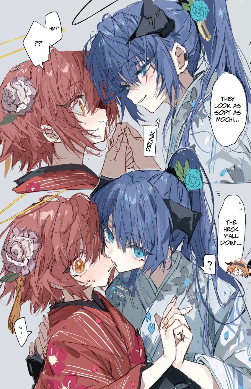 2girls 2koma arknights blue_eyes blue_hair comic english_text exusiai_(arknights) hard-translated highres imminent_kiss interlocked_fingers japanese_clothes kimono mostima_(arknights) multiple_girls na_tarapisu153 speech_bubble third-party_edit yuri