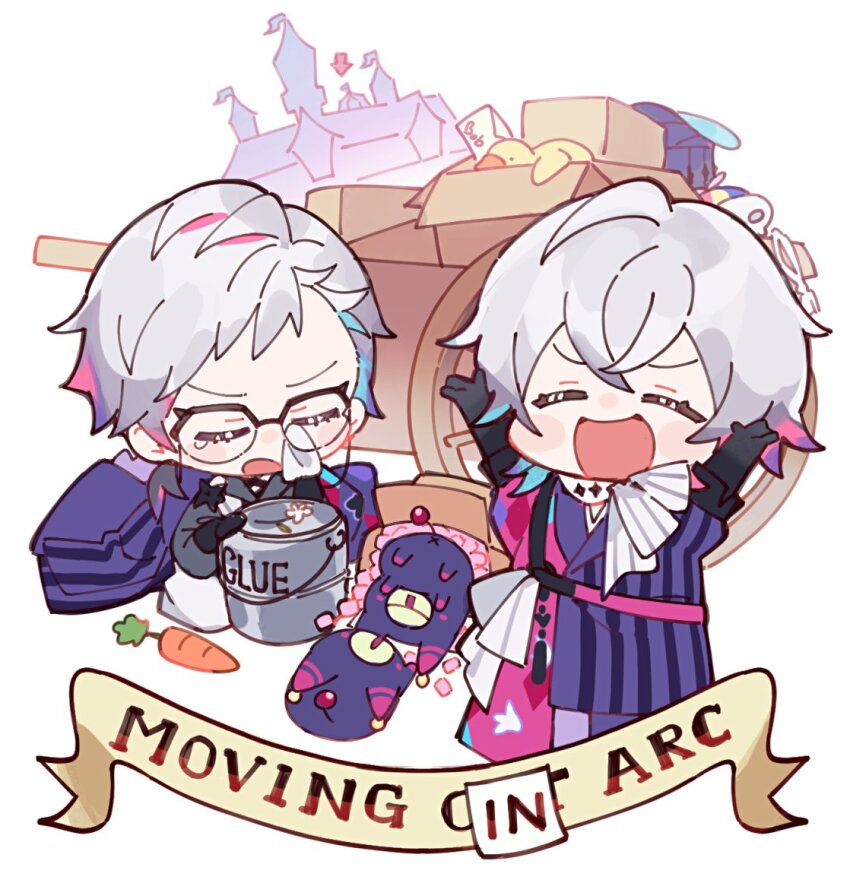 2boys arms_up asymmetrical_clothes banner bettel_2_(gavis_bettel) black_gloves blue_hair box carrot checkered_clothes chibi chul_(pacifique) closed_eyes commentary english_commentary english_text flower gavis_bettel gloves grey_hair hair_between_eyes handkerchief happy hat holding holding_handkerchief holostars holostars_english jerry_(gavis_bettel) jester male_focus multicolored_hair multiple_boys neck_ribbon open_mouth packing_peanuts phantom_(gavis_bettel) pink_hair ribbon scarf short_hair siblings simple_background striped tears tent top_hat twins virtual_youtuber wagon wagon_wheel white_hair white_scarf