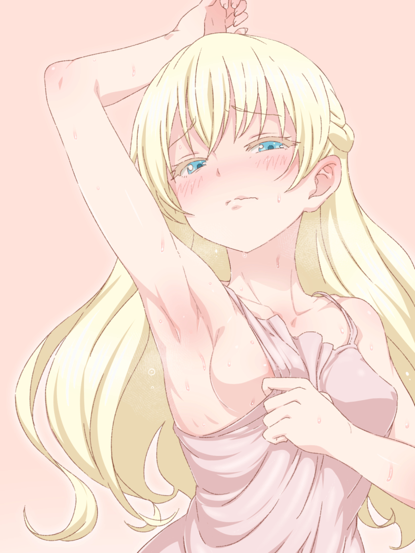 10s 1girl amashun arm_up armpits asobi_asobase blonde_hair blue_eyes blush braid day dress embarrassed female_focus hand_up highres long_hair olivia_(asobi_asobase) presenting_armpit simple_background solo spicy standing steaming_body sweat upper_body very_long_hair wavy_mouth white_dress