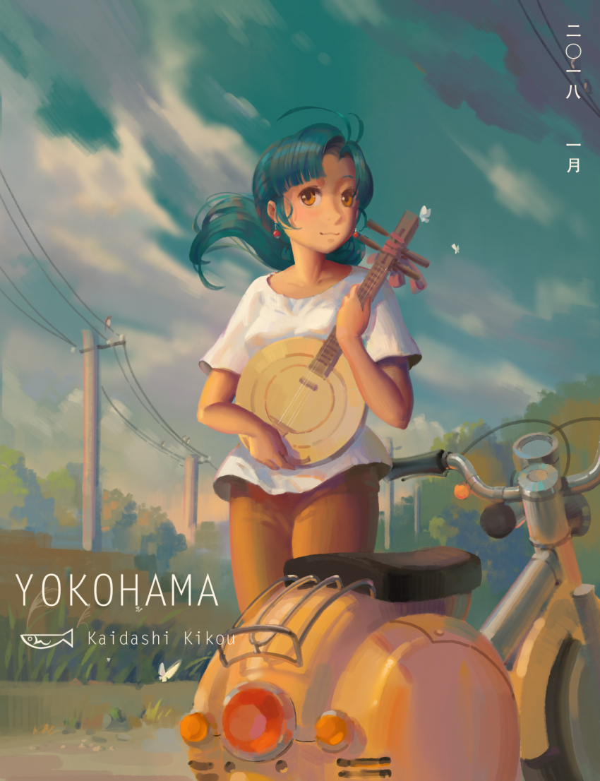 1girl :3 blush brown_eyes brown_pants bug butterfly closed_mouth collarbone copyright_name day earrings female_focus green_hair hatsuseno_alpha highres holding insect instrument jewelry long_hair looking_at_viewer low_ponytail motor_vehicle outdoors pants ponytail power_lines psi_(583278318) scooter shirt short_sleeves solo standing white_shirt wind yokohama_kaidashi_kikou yueqin