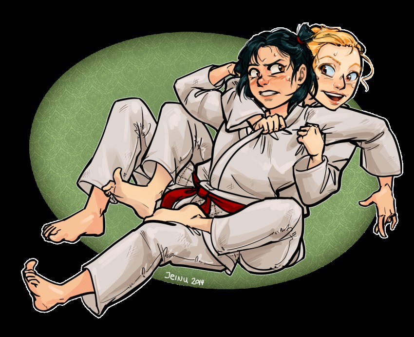 2girls barefoot black_hair blonde_hair brown_eyes clenched_teeth dougi inokuma_yawara jeinu judo multiple_girls patterned_background smile sportswear struggling submission_hold sweat teeth vs wrestling yawara_a_fashionable_judo_girl