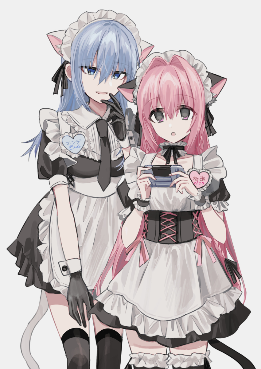 2girls :o alternate_costume animal_ear_fluff animal_ears apron black_dress black_gloves black_necktie black_thighhighs blue_eyes blue_hair cat_ears cat_girl cat_tail character_name chihuri collarbone collared_shirt commentary_request dress enmaided frilled_apron frilled_thighhighs frills gloves grey_background hair_between_eyes highres holding kemonomimi_mode maid maid_apron maid_headdress multiple_girls necktie original parted_lips pink_hair puffy_short_sleeves puffy_sleeves purple_eyes shirt short_sleeves simple_background smile tail thighhighs white_apron white_shirt wrist_cuffs