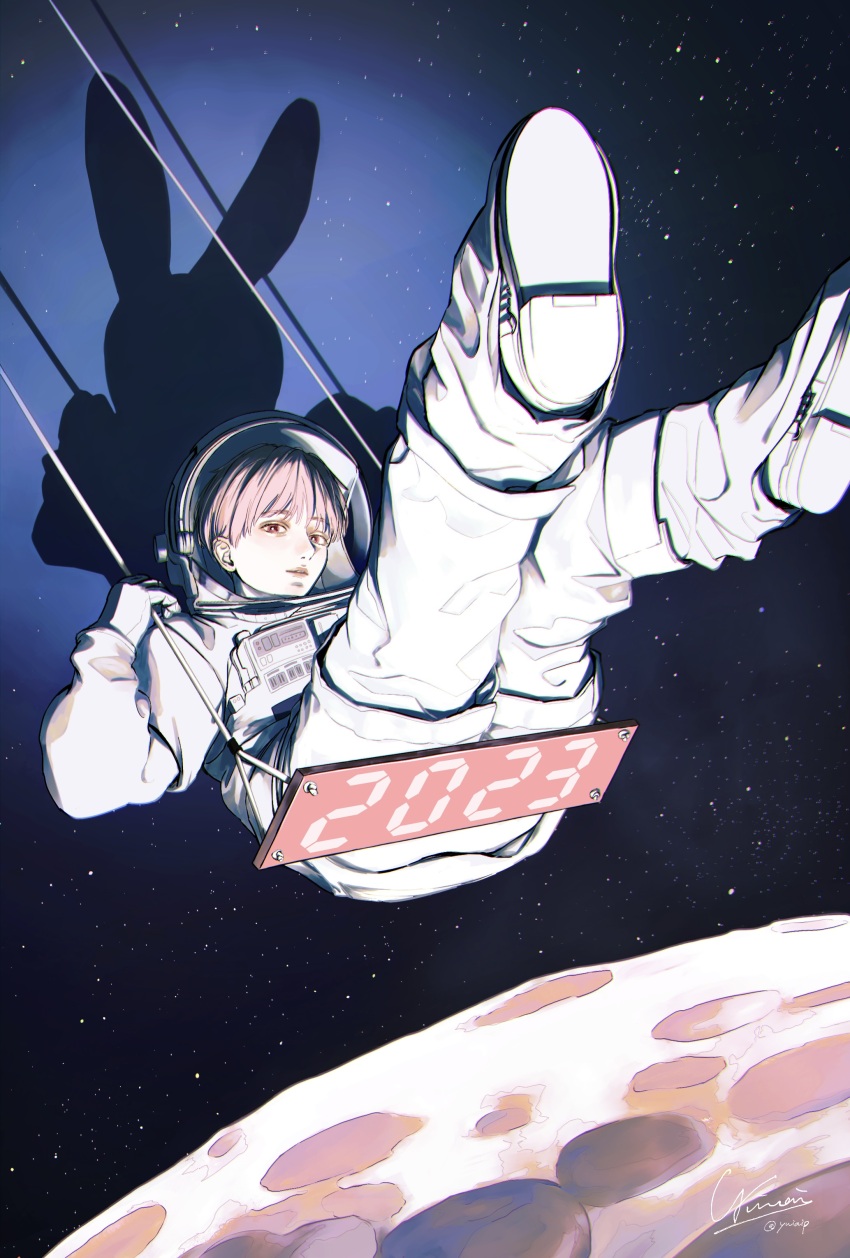 1girl 2023 absurdres artist_name astronaut different_shadow helmet highres looking_at_viewer on_swing original parted_lips pink_hair planet red_eyes science_fiction segment_display seven-segment_display short_hair signature sitting sky solo space space_helmet spacesuit star_(sky) starry_sky swing swinging swinging_on_swing twitter_username yuiai