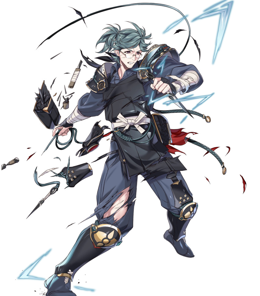1boy bandaged_arm bandages breasts clenched_teeth damaged fire_emblem fire_emblem_fates fire_emblem_heroes glasses grey_eyes grey_hair highres japanese_clothes kunai male_focus medium_breasts nintendo non-web_source official_art round_eyewear solo teeth torn_clothes v-shaped_eyebrows weapon yukimura_(fire_emblem)