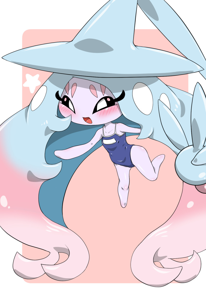 1girl absurdly_long_hair bare_shoulders barefoot big_hair black_sclera blue_hair blue_hat blue_one-piece_swimsuit blush border clothed_pokemon collarbone colored_sclera colored_skin female_focus flat_chest full_body gen_8_pokemon gradient_hair grey_skin half-closed_eyes happy hat hatterene kazamidoririnn leg_up long_hair looking_at_viewer multicolored_hair nintendo no_feet one-piece_swimsuit open_mouth outside_border parted_bangs pink_background pink_hair pokemon pokemon_(creature) prehensile_hair school_swimsuit sidelocks simple_background smile solo star_(symbol) swimsuit two-tone_hair v very_long_hair white_border white_eyes witch_hat