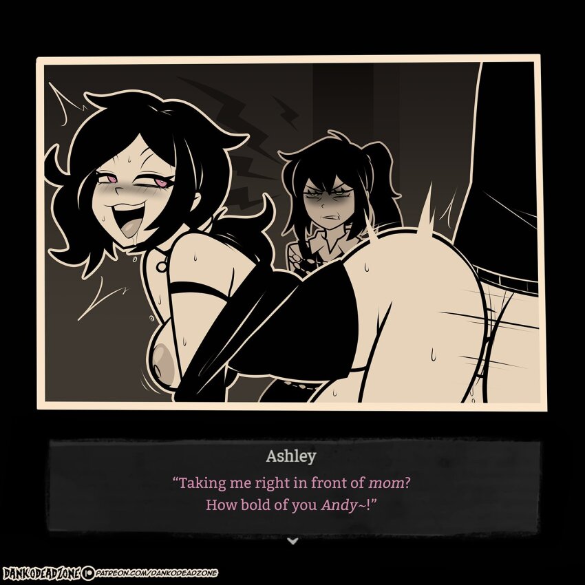 1boy 2girls andrew_graves artist_name ashley_graves blush bottomless breasts breasts_out brother_and_sister collared_shirt dankodeadzone dialogue_box doggystyle english_text eyelashes fake_screenshot green_eyes highres incest indoors large_areolae large_breasts looking_back monochrome mother_and_daughter multiple_girls off_shoulder open_mouth patreon_logo pink_eyes ponytail renee_graves saliva sex sex_from_behind shirt siblings sidelocks spot_color sweat sweatdrop the_coffin_of_andy_and_leyley v-shaped_eyebrows watermark web_address