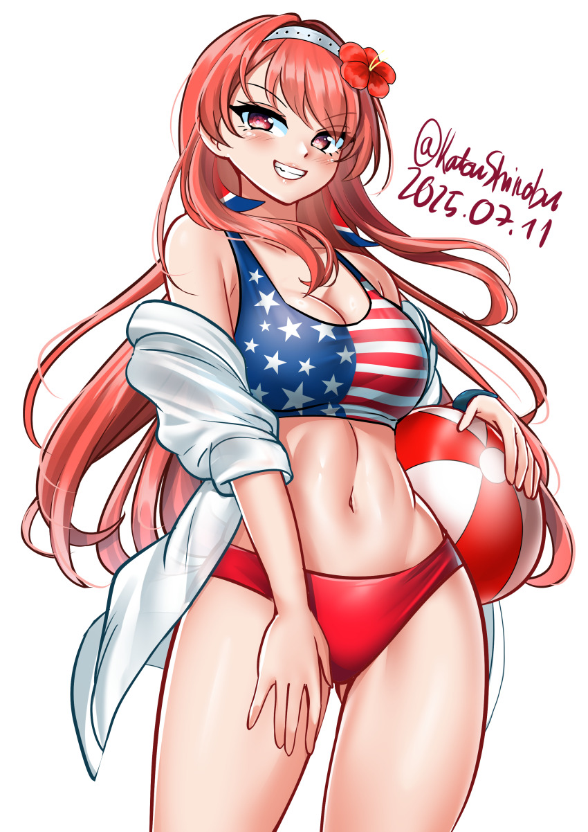 1girl absurdres american_flag american_flag_bikini american_flag_print bikini dated flag_print flag_print_bikini flower hair_flower hair_ornament hairband highres kantai_collection katou_shinobu long_hair looking_at_viewer navel nevada_(kancolle) nevada_kai_(kancolle) nevada_kai_mod.2_(swimsuit)_(kancolle) print_bikini red_eyes red_flower red_hair smile solo swimsuit very_long_hair white_background
