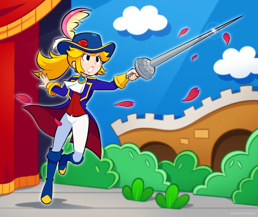 1girl ascot blonde_hair blue_boots blue_coat blue_hat boots bush cavalier_hat coat falling_petals flower hat hat_feather hat_flower highres holding holding_sword holding_weapon knee_boots long_hair mario_(series) nintendo official_alternate_costume official_alternate_hairstyle pants petals ponytail princess_peach princess_peach:_showtime! rapier red_coat red_flower red_petals red_rose red_vest rose rose_petals solo sword swordfighter_peach two-sided_coat two-sided_fabric vest vinny_(dingitydingus) weapon white_ascot white_pants