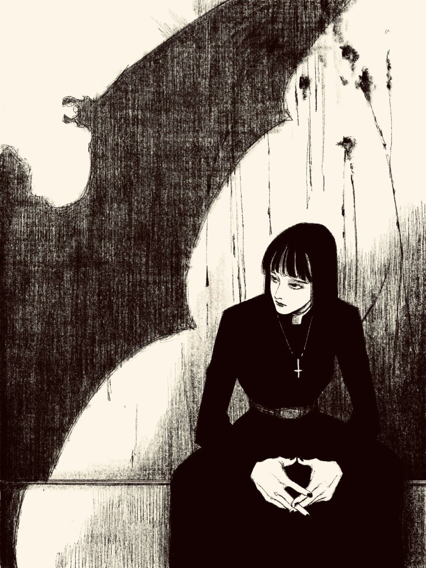 1girl belt black_dress black_hair blood blood_on_wall blunt_bangs cross cross_necklace dress greyscale highres hime_cut jewelry long_hair monochrome necklace original shadow sitting solo tp_p_pt