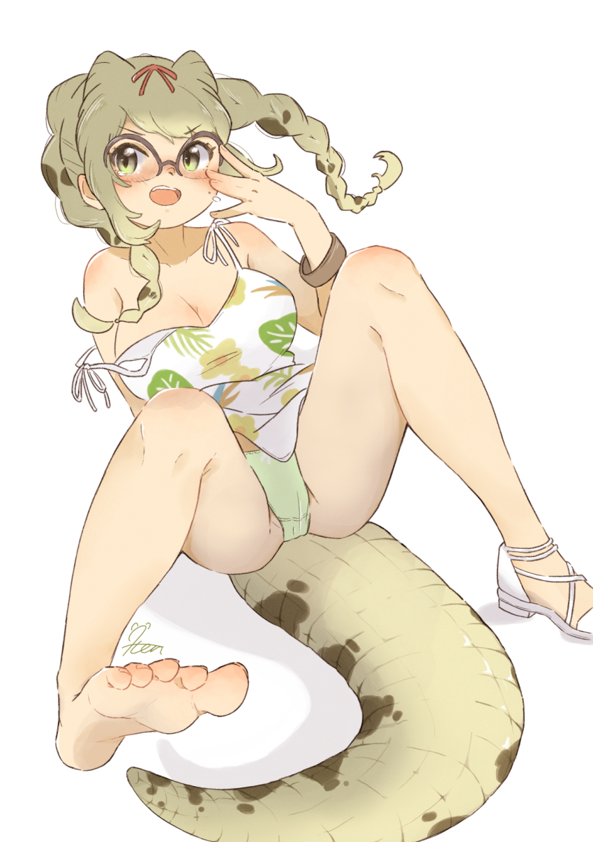 0nanaten 1girl arm_behind_back bare_arms bare_legs bare_shoulders barefoot blush braid breasts cleavage commentary_request commission crocodilian_tail crying crying_with_eyes_open dress fallen_down feet floating_hair glasses green_hair green_panties hand_up high_heels highres kemono_friends kemono_friends_3 large_breasts leaf_print leaning_back long_braid long_hair looking_at_viewer m_legs medium_breasts multicolored_hair no_headwear official_alternate_costume open_mouth over-rim_eyewear panties print_dress semi-rimless_eyewear shoes single_shoe sitting skeb_commission soles solo spaghetti_strap spectacled_caiman_(kemono_friends) spread_legs strap_slip sundress tail tears toes twin_braids underwear
