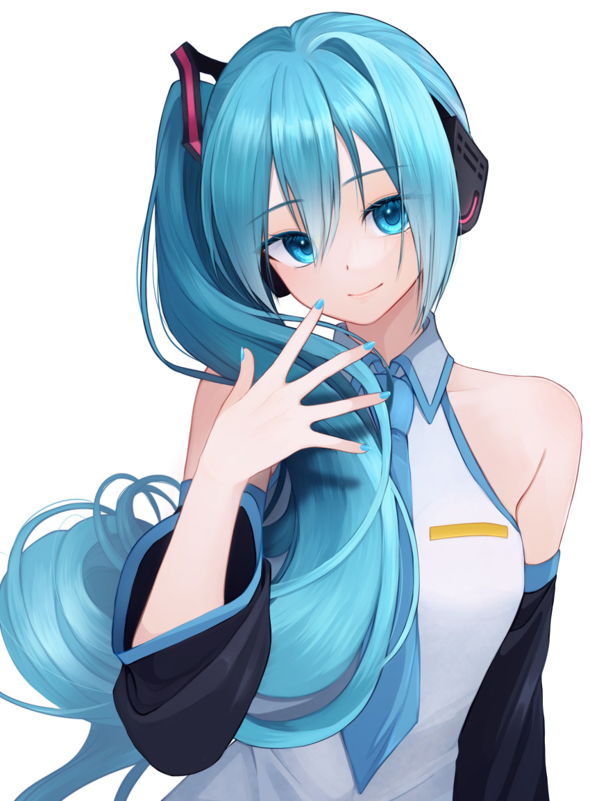 1girl absurdres alternate_hairstyle aqua_eyes aqua_hair aqua_nails aqua_necktie aqua_trim bare_shoulders black_sleeves blush breasts closed_mouth collarbone collared_shirt detached_sleeves hair_between_eyes hair_ornament hair_over_shoulder hand_up hatsune_miku hatsune_miku_(noodle_stopper) head_tilt headphones highres iring00 long_hair long_sleeves looking_at_viewer medium_breasts meme necktie shirt side_ponytail sidetail_miku_noodle_stopper_(meme) simple_background sleeveless sleeveless_shirt smile solo upper_body very_long_hair vocaloid white_background white_shirt wide_sleeves