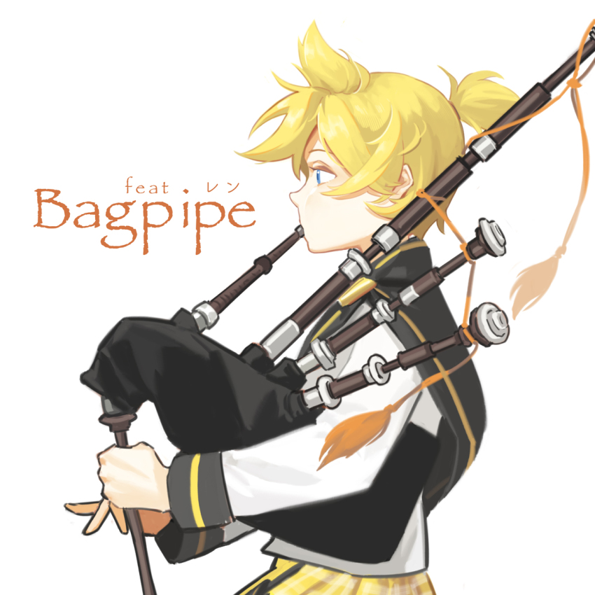 1boy adapted_costume bagpipes blonde_hair blowing blue_eyes character_name from_side highres holding holding_instrument instrument kagamine_len kilt long_sleeves male_focus music plaid playing_instrument ponytail profile roy_(pixiv992911) scotland shirt simple_background solo tassel upper_body vocaloid white_background white_shirt