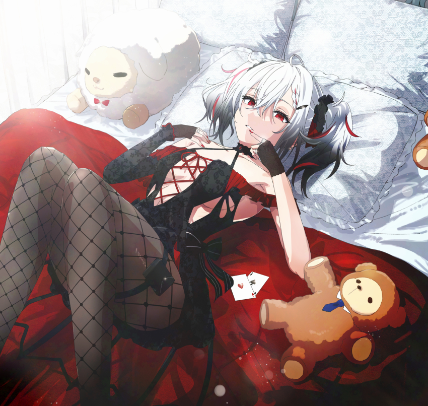 1girl ace_(playing_card) ace_of_hearts ace_of_spades belt black_bow black_gloves black_hair black_scrunchie bow braid breasts card collarbone fingerless_gloves fishnet_pantyhose fishnets gloves gradient_hair hair_ornament hair_scrunchie heart highres jewelry lying misaki_nonaka multicolored_hair multiple_rings on_back original pantyhose pillow playing_card red_eyes red_hair red_nails ring scrunchie solo spade_(shape) streaked_hair stuffed_animal stuffed_sheep stuffed_toy teddy_bear thigh_belt thigh_strap twintails white_hair