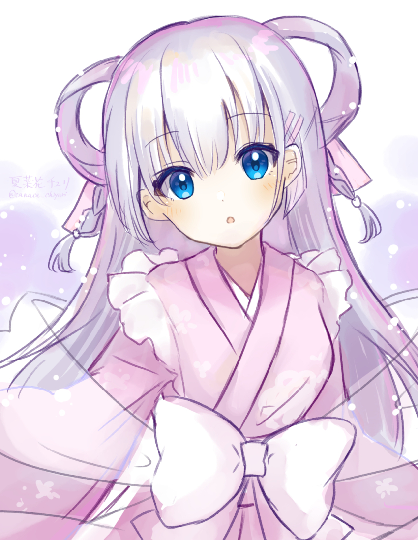 1girl :o alternate_costume alternate_hairstyle arms_at_sides blue_eyes blunt_ends blush bow braid canaca_chiyuri colored_eyelashes commentary cosplay eyes_visible_through_hair frilled_kimono frills hair_between_eyes hair_bobbles hair_ornament hair_rings highres japanese_clothes kimono long_hair long_sleeves looking_at_viewer naruse_shiroha open_mouth orihime_(tanabata) orihime_(tanabata)_(cosplay) pink_kimono signature simple_background solo summer_pockets twin_braids twitter_username upper_body very_long_hair white_background white_bow white_hair wide_sleeves