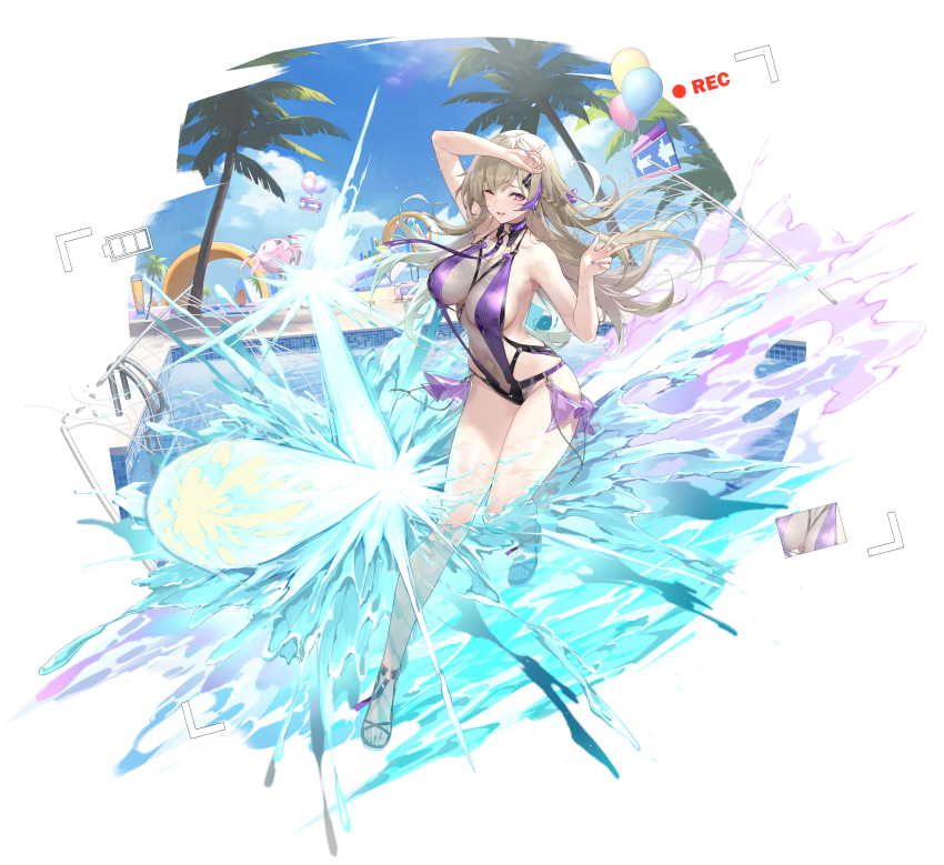 1girl absurdres battery_indicator blush breasts cleavage coconut_tree commentary day high_heel_sandals highres large_breasts light_brown_hair long_hair looking_at_viewer marian_andreotti nail_polish navel official_art one_eye_closed outdoors palm_tree parted_lips pool pool_ladder purple_eyes purple_nails purple_slingshot_swimsuit recording sandals shanyao_jiang_tororo slingshot_swimsuit snowbreak:_containment_zone solo splashing swimsuit tree viewfinder w water