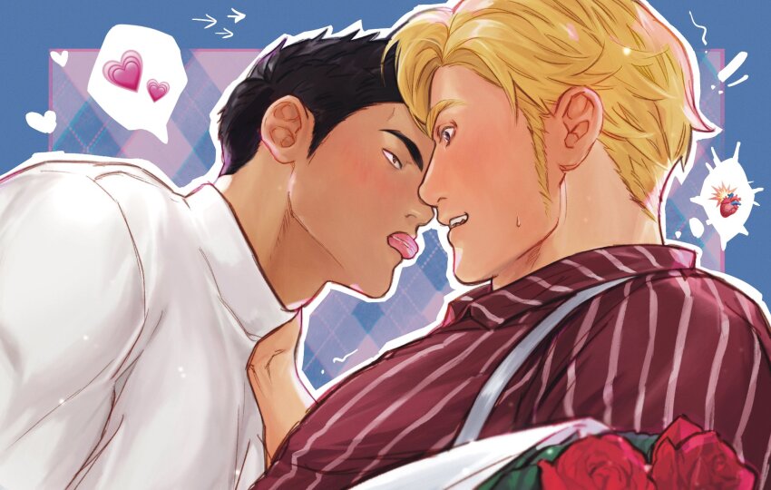 2boys ao_isami bara black_hair blonde_hair flower food food_in_mouth highres lewis_smith macaron male_focus mouth_hold multiple_boys noomi official_alternate_costume red_flower red_rose rose shirt short_hair sideburns striped_clothes striped_shirt suspenders upper_body vertical-striped_clothes vertical-striped_shirt yaoi yuuki_bakuhatsu_bang_bravern