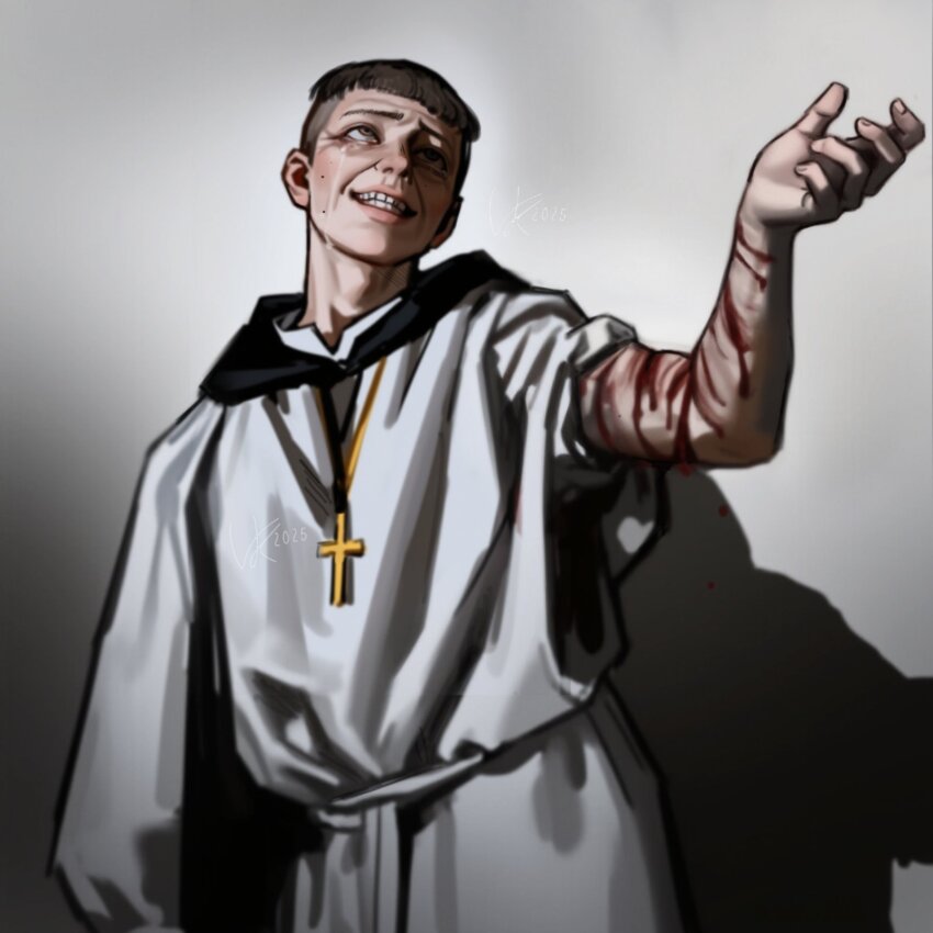 1boy arm_up artist_name blood blood_drip blood_on_arm brown_hair cross cross_necklace crying crying_with_eyes_open dated grey_eyes hand_up highres hood hood_down hooded_robe jewelry long_sleeves looking_up male_focus monk necklace open_mouth original robe self-flagellation self-harm short_hair signature sleeves_rolled_up solo streaming_tears tears vankraut white_robe