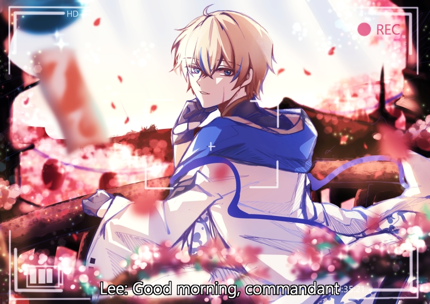 1boy absurdres dochikun english_text field flower flower_field highres image_sample lee:_entropy_(pgr) lee_(pgr) lens looking_at_viewer pixiv_sample punishing:_gray_raven solo solo_focus viewfinder