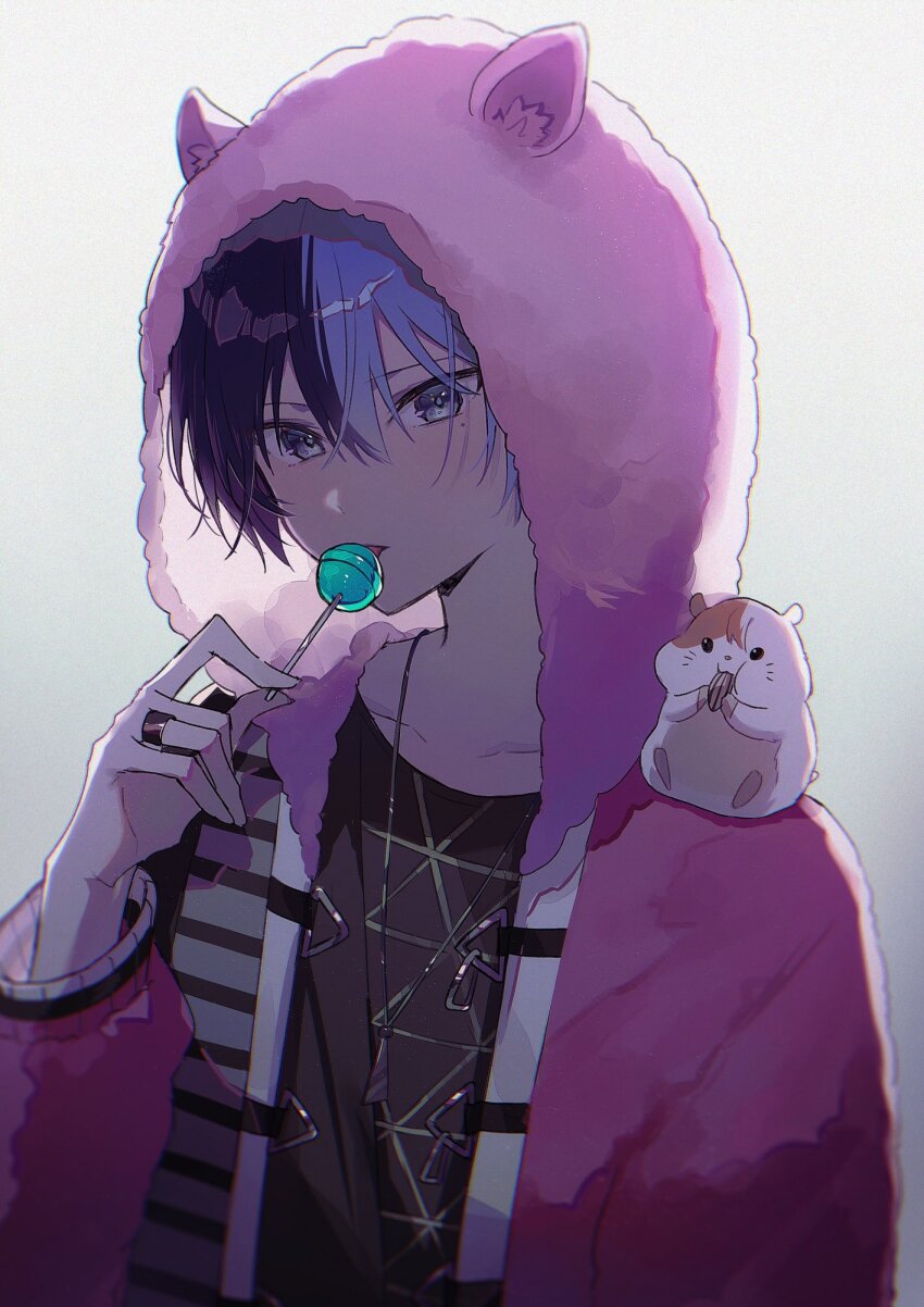 1boy animal animal_hood animal_on_shoulder awakening_beat_(project_sekai) beat_eater_(vocaloid) blue_hair candy commentary_request dark_blue_hair food gradient_background grey_eyes hair_between_eyes hamster hand_up highres holding holding_candy holding_food holding_lollipop hood hood_up hooded_jacket jacket jewelry jishio lollipop long_sleeves looking_at_viewer male_focus mole mole_under_eye multicolored_hair necklace official_alternate_costume project_sekai ring short_hair solo split-color_hair two-tone_hair upper_body